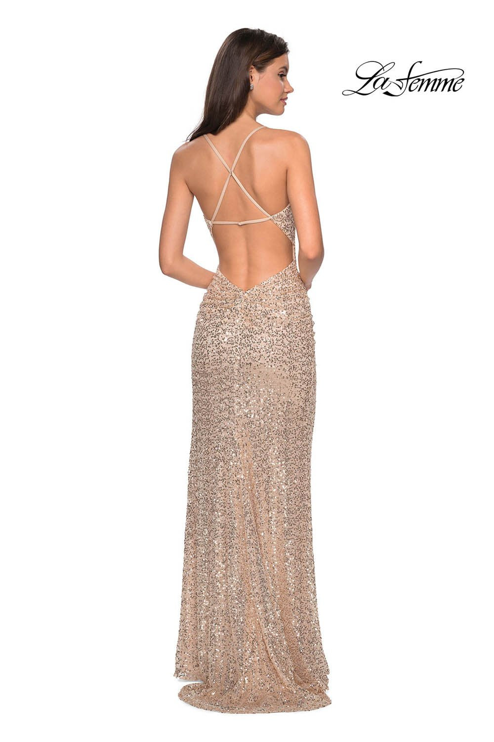 La Femme 27234 prom dress images. La Femme 27234 is available in these colors: Gunmetal, Light Gold, Navy.