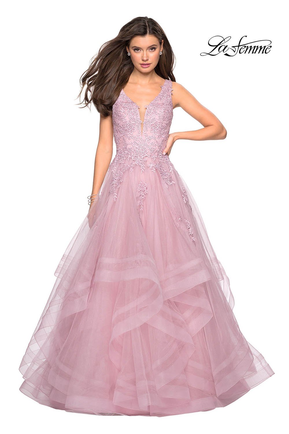 La Femme 27256 prom dress images. La Femme 27256 is available in these colors: Light Blue, Mauve, Silver.