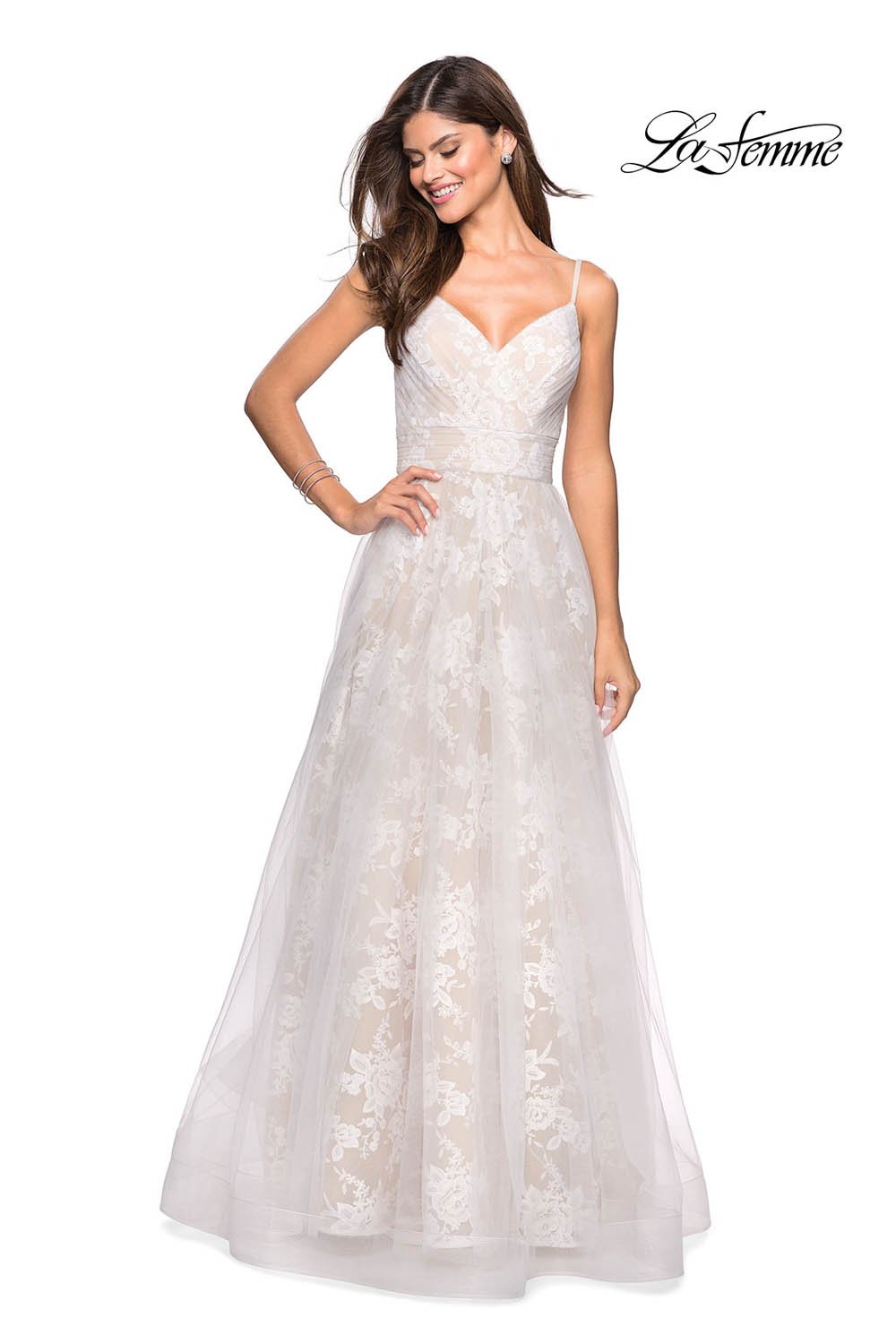 La Femme 27263 prom dress images. La Femme 27263 is available in these colors: White Nude.