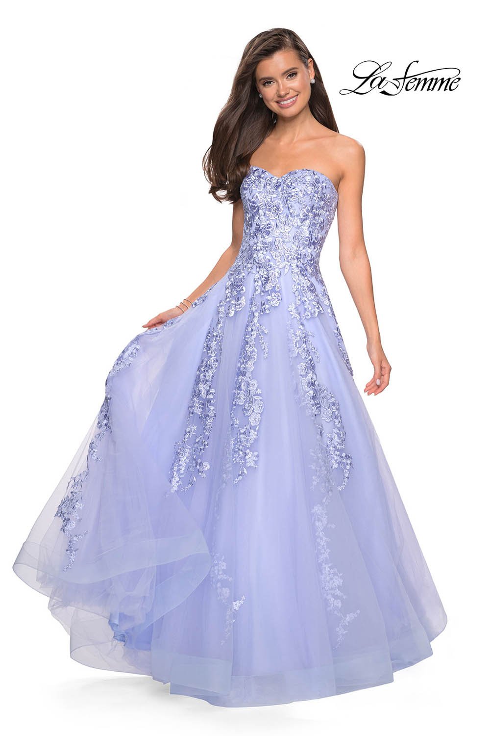 La Femme 27269 prom dress images. La Femme 27269 is available in these colors: Ivory Nude, Lilac Mist, Mauve, Navy, Red.