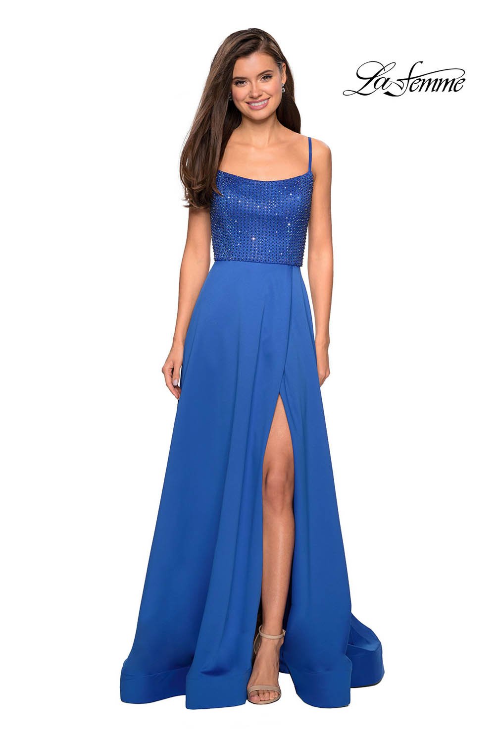 La Femme 27293 prom dress images. La Femme 27293 is available in these colors: Champagne, Lavender, Royal Blue.