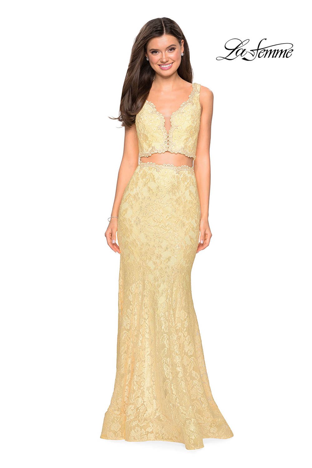 La Femme 27302 prom dress images. La Femme 27302 is available in these colors: Cloud Blue, Pale Yellow, Red, White.