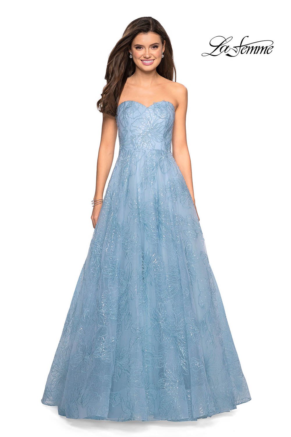 La Femme 27324 prom dress images. La Femme 27324 is available in these colors: Cloud Blue, Mauve, Pale Yellow, Silver, White.