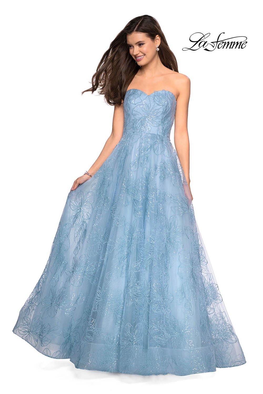 La Femme 27324 prom dress images. La Femme 27324 is available in these colors: Cloud Blue, Mauve, Pale Yellow, Silver, White.