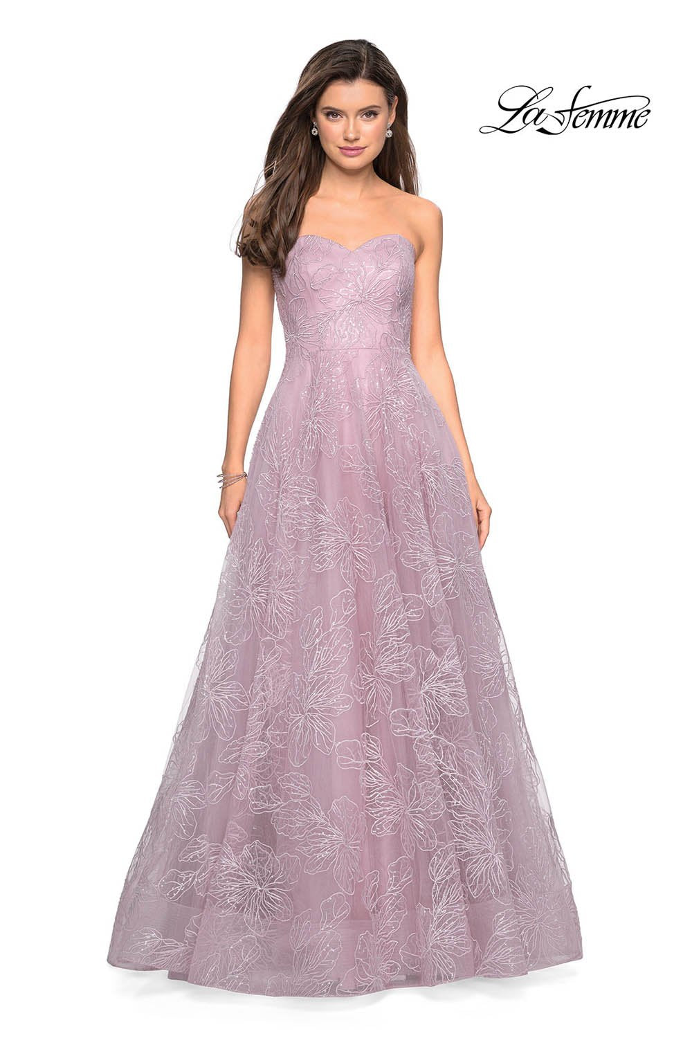 La Femme 27324 prom dress images. La Femme 27324 is available in these colors: Cloud Blue, Mauve, Pale Yellow, Silver, White.