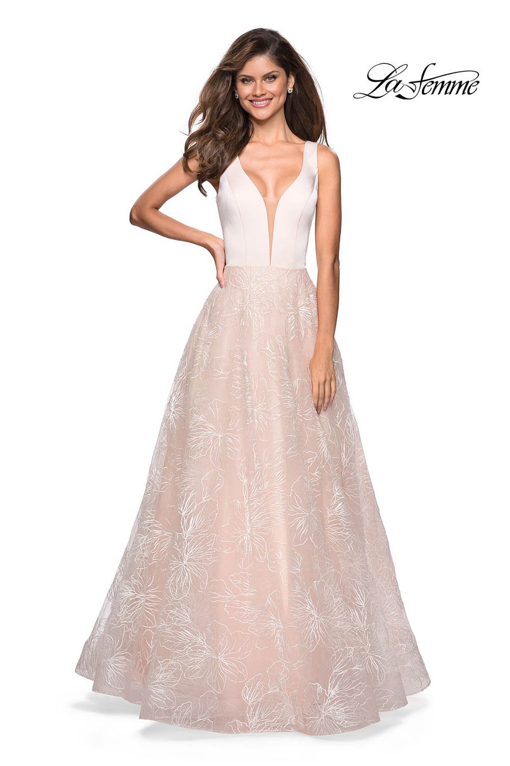 La Femme 27325 prom dress images. La Femme 27325 is available in these colors: Pale Pink.