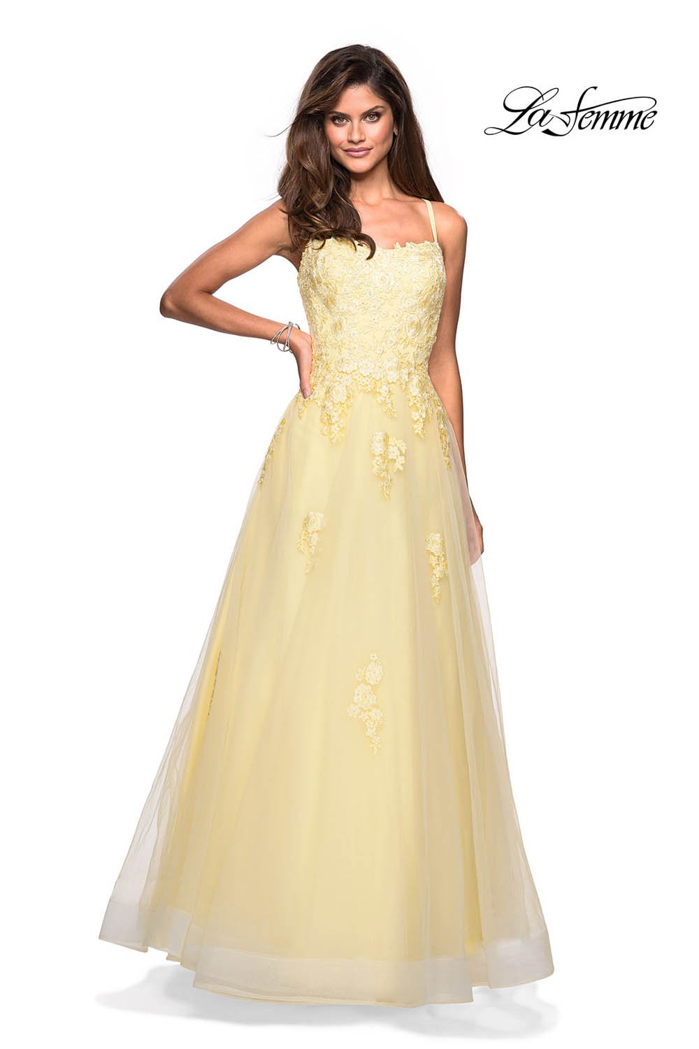La Femme 27441 prom dress images. La Femme 27441 is available in these colors: Burgundy, Navy, Pale Yellow, Silver.