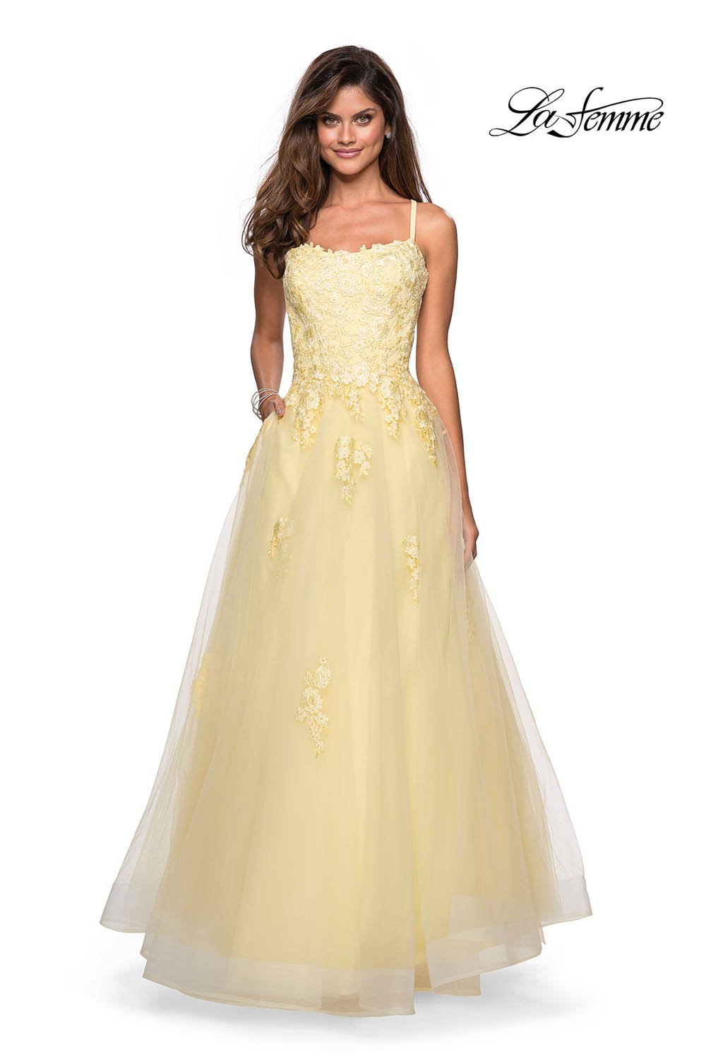 La Femme 27441 prom dress images. La Femme 27441 is available in these colors: Burgundy, Navy, Pale Yellow, Silver.