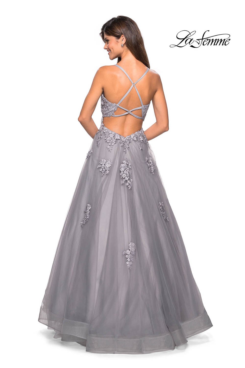La Femme 27441 prom dress images. La Femme 27441 is available in these colors: Burgundy, Navy, Pale Yellow, Silver.
