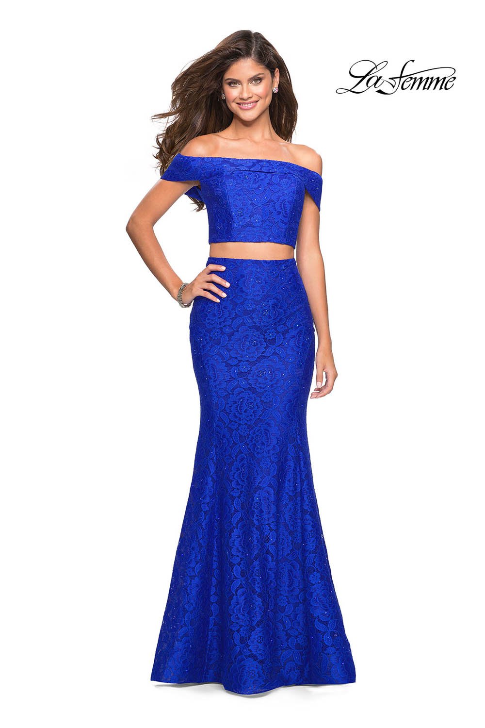 La Femme 27443 prom dress images. La Femme 27443 is available in these colors: Electric Blue, Hot Fuchsia, Lavender, Red, White, Yellow.