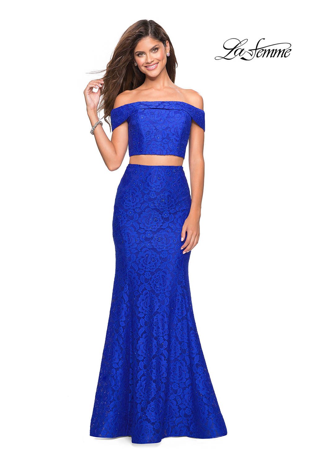 La Femme 27443 prom dress images. La Femme 27443 is available in these colors: Electric Blue, Hot Fuchsia, Lavender, Red, White, Yellow.