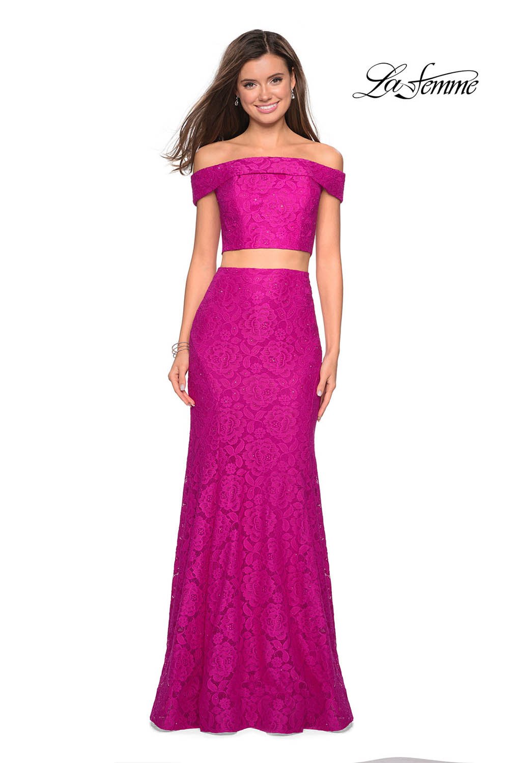La Femme 27443 prom dress images. La Femme 27443 is available in these colors: Electric Blue, Hot Fuchsia, Lavender, Red, White, Yellow.