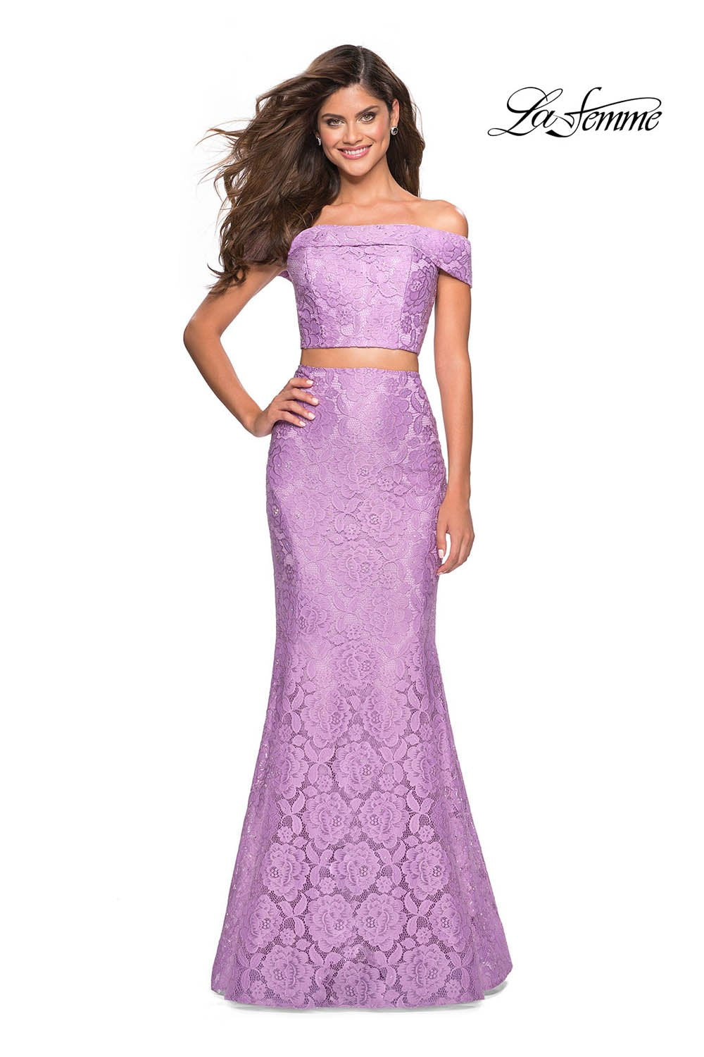 La Femme 27443 prom dress images. La Femme 27443 is available in these colors: Electric Blue, Hot Fuchsia, Lavender, Red, White, Yellow.