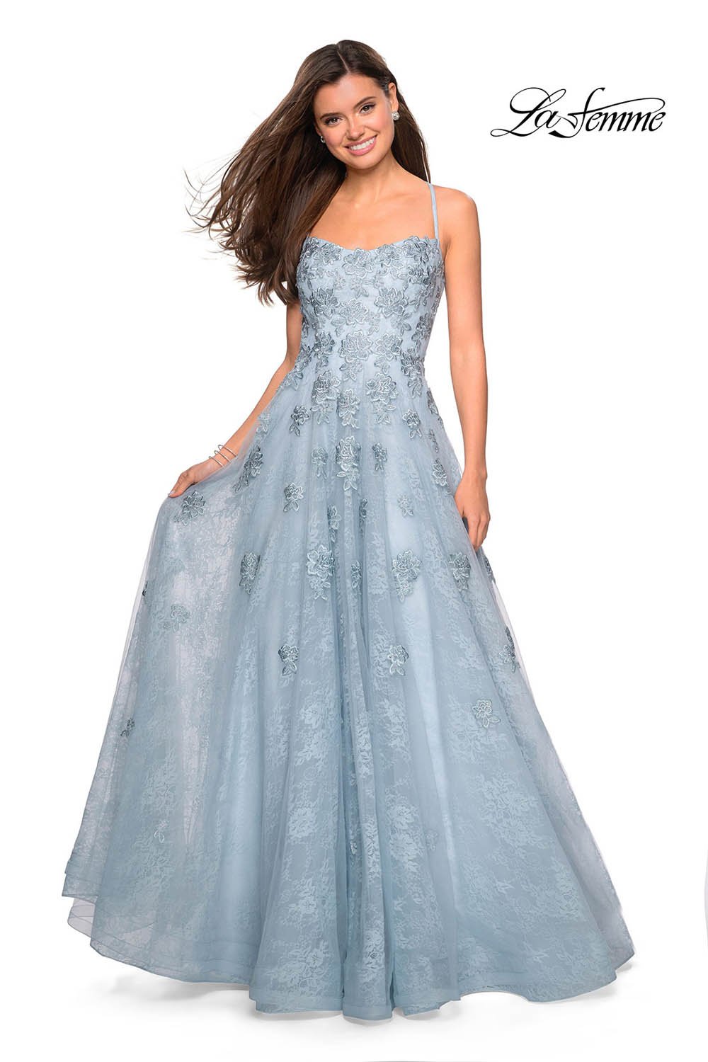 La Femme 27448 prom dress images. La Femme 27448 is available in these colors: Steel Blue, White.