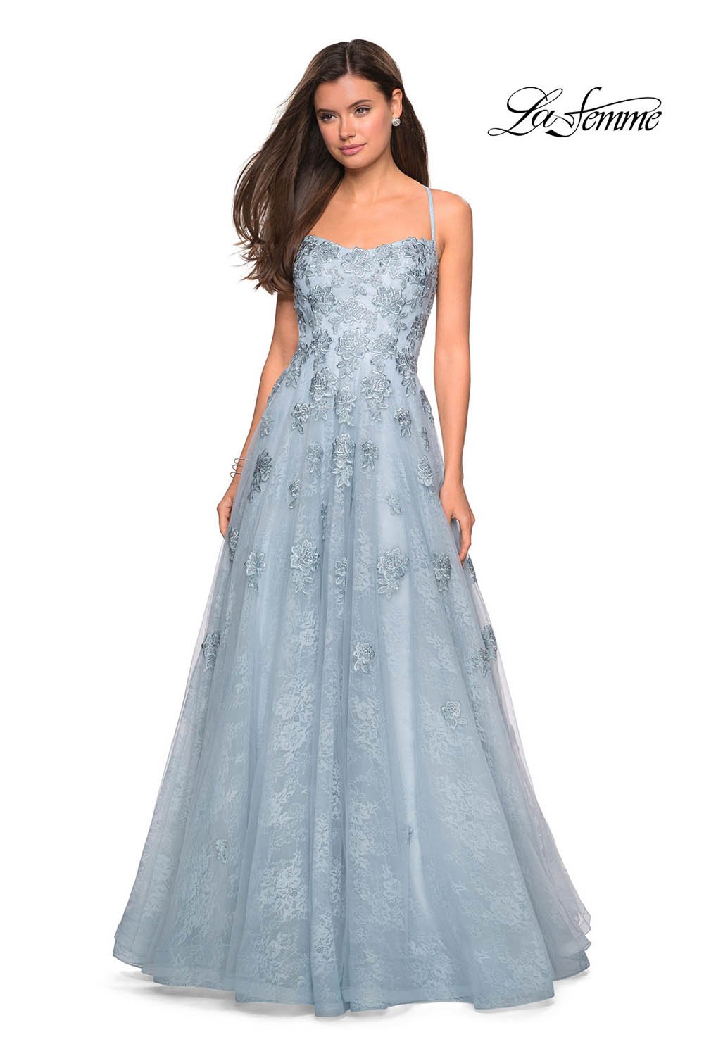 La Femme 27448 prom dress images. La Femme 27448 is available in these colors: Steel Blue, White.