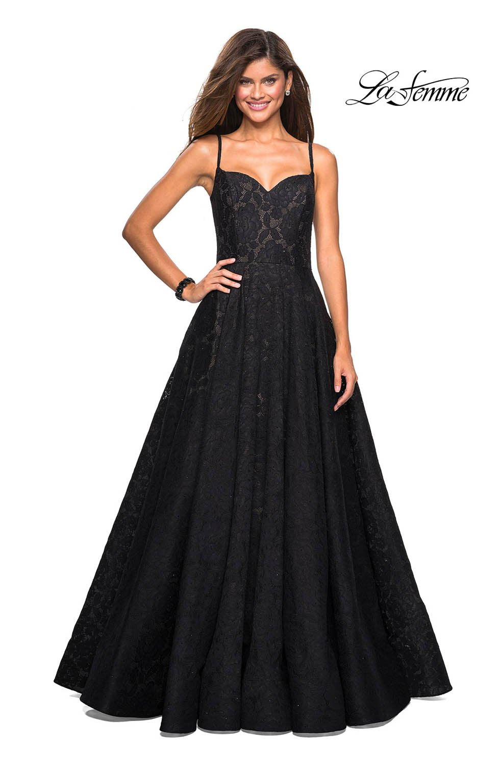 La Femme 27449 prom dress images. La Femme 27449 is available in these colors: Black, Red.