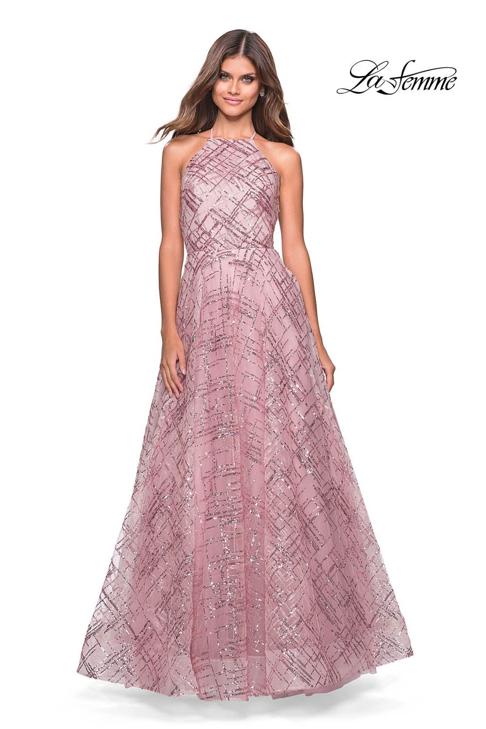 La Femme 27451 prom dress images. La Femme 27451 is available in these colors: Black Nude, Lilac Mist, Mauve, White Nude.