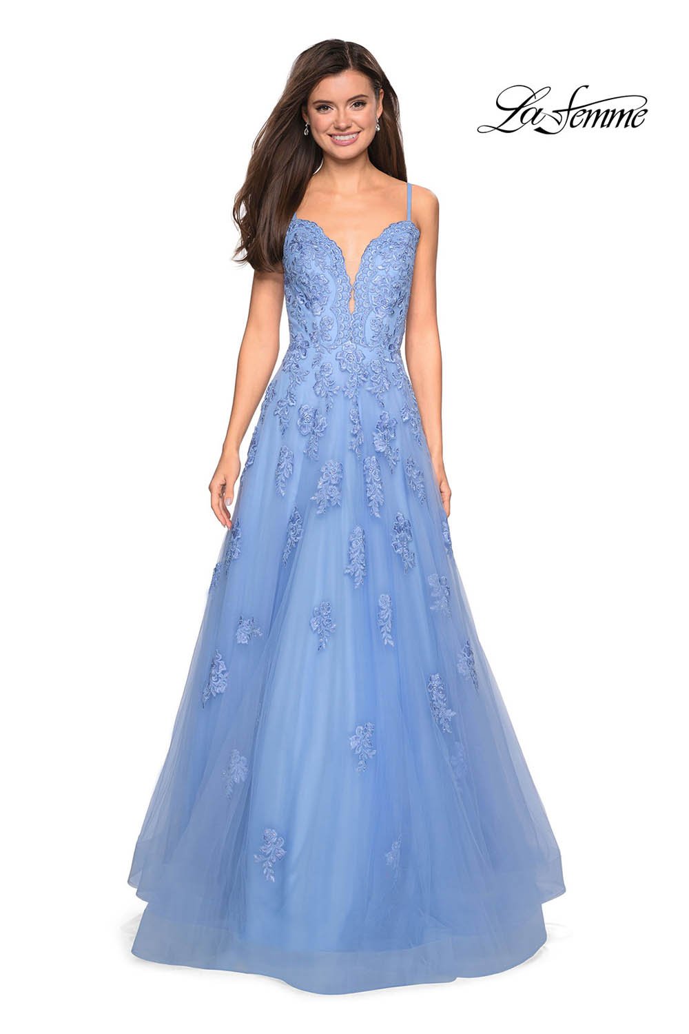 La Femme 27463 prom dress images. La Femme 27463 is available in these colors: Cloud Blue, Dusty Lilac, Red, White Nude.