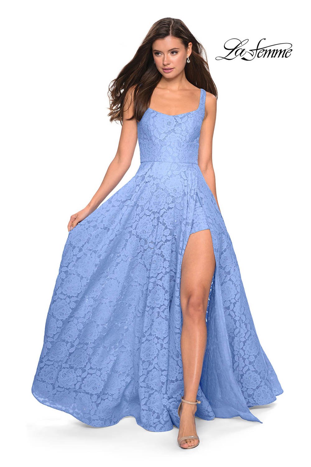 La Femme 27476 prom dress images. La Femme 27476 is available in these colors: Cloud Blue, Dark Berry, Gunmetal, Red, White.