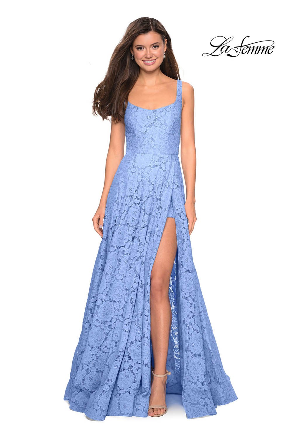 La Femme 27476 prom dress images. La Femme 27476 is available in these colors: Cloud Blue, Dark Berry, Gunmetal, Red, White.