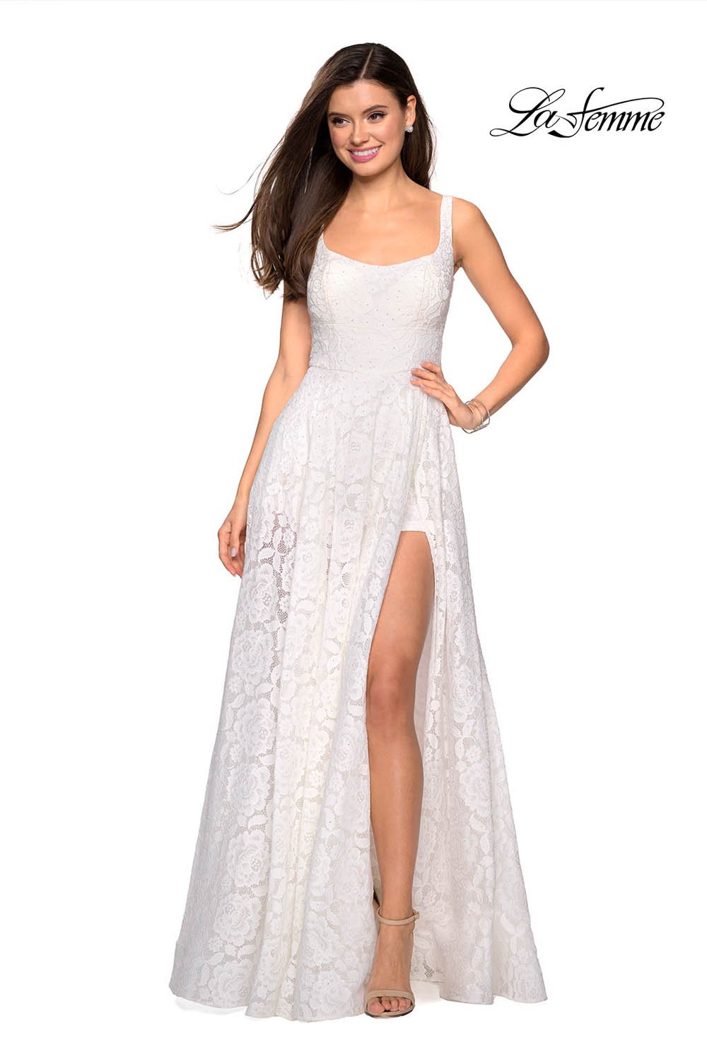 La Femme 27476 prom dress images. La Femme 27476 is available in these colors: Cloud Blue, Dark Berry, Gunmetal, Red, White.