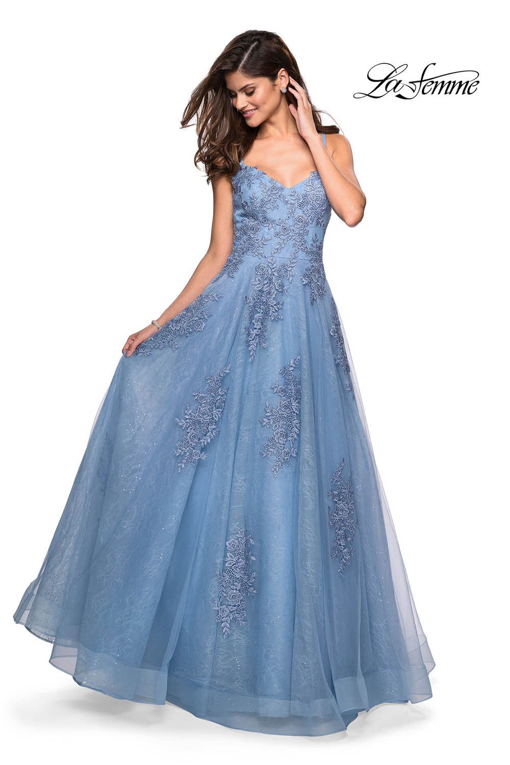La Femme 27492 prom dress images. La Femme 27492 is available in these colors: Cloud Blue, Dusty Pink, Ivory Nude, Navy.