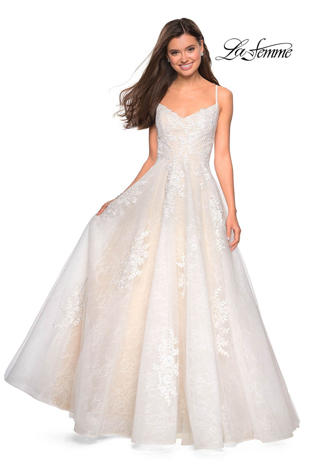 La Femme 27492 prom dress images. La Femme 27492 is available in these colors: Cloud Blue, Dusty Pink, Ivory Nude, Navy.