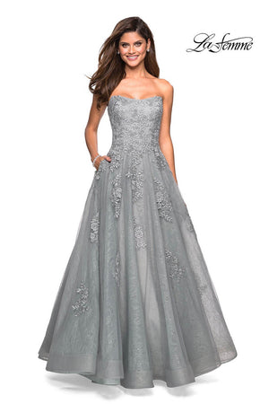 La Femme 27493 prom dress images.  La Femme 27493 is available in these colors: Aquamarine, Mauve, Silver.