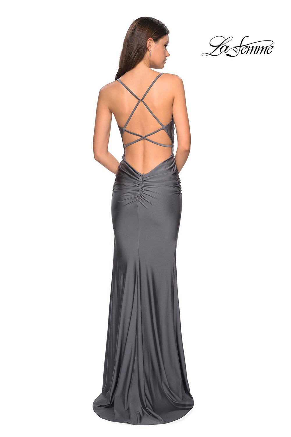 La Femme 27501 prom dress images. La Femme 27501 is available in these colors: Black, Burgundy, Gunmetal, Hot Pink, Sapphire Blue.