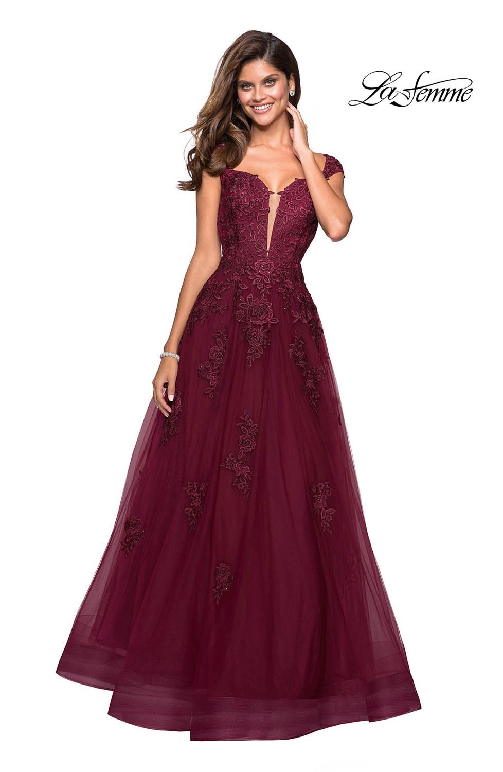 La Femme 27503 prom dress images.  La Femme 27503 is available in these colors: Indigo, Mauve, Wine.