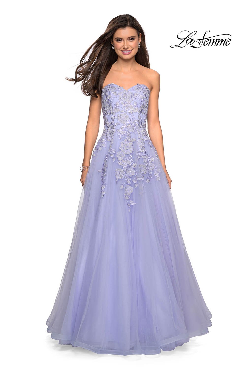 La Femme 27508 prom dress images. La Femme 27508 is available in these colors: Lilac Mist, White Nude.