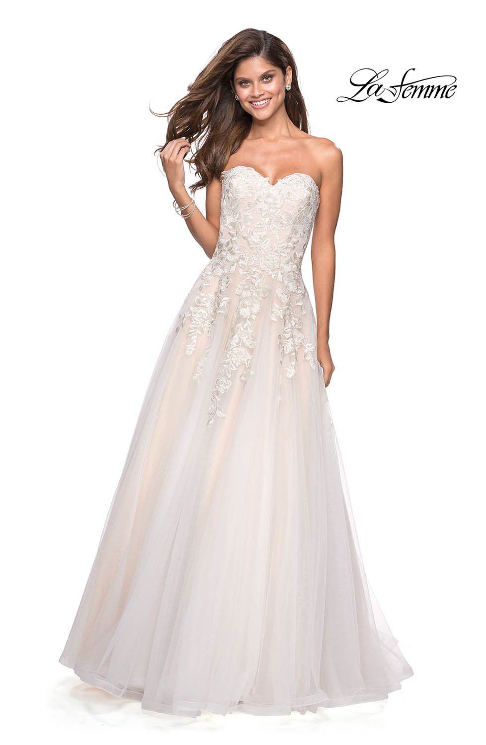 La Femme 27508 prom dress images. La Femme 27508 is available in these colors: Lilac Mist, White Nude.