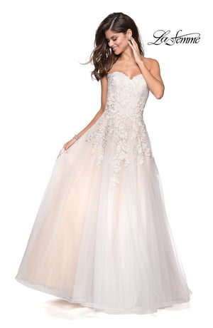 La Femme 27508 prom dress images.  La Femme 27508 is available in these colors: Lilac Mist, White Nude.
