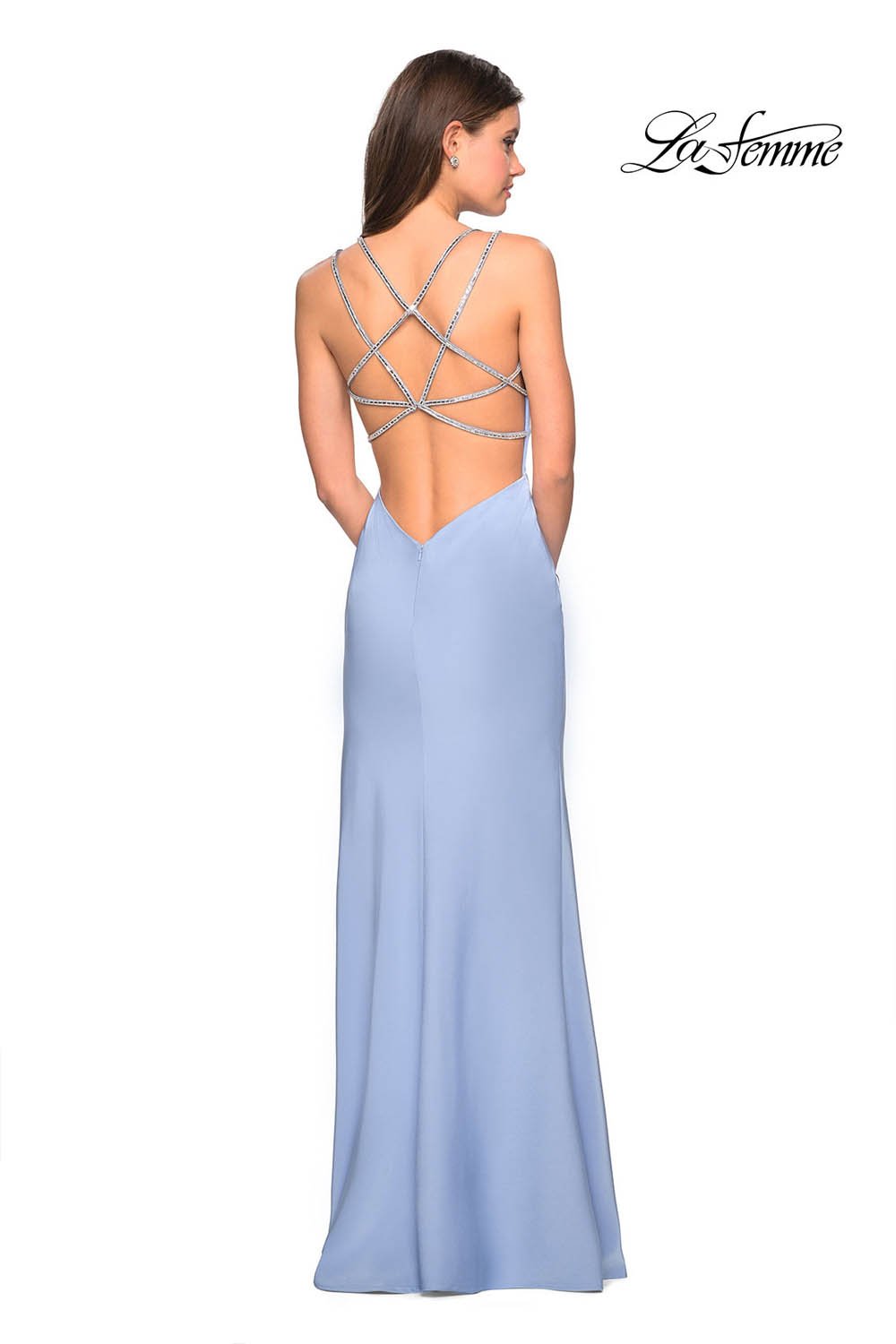 La Femme 27519 prom dress images. La Femme 27519 is available in these colors: Blush, Cloud Blue, Silver.