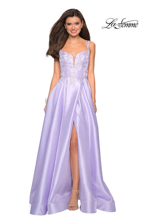 La Femme 27528 prom dress images.  La Femme 27528 is available in these colors: Blush, Lavender, Red, Sapphire Blue.