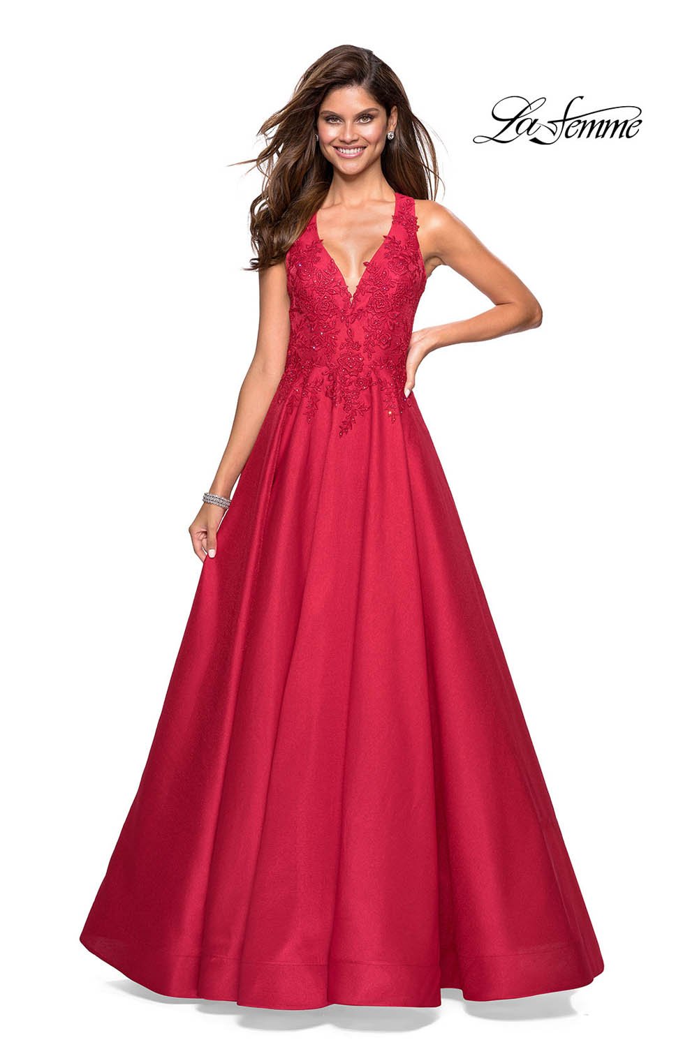 La Femme 27529 prom dress images. La Femme 27529 is available in these colors: Indigo, Red.