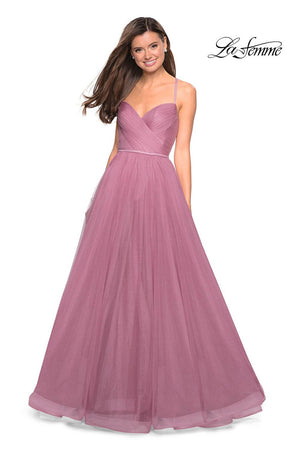 La Femme 27535 prom dress images.  La Femme 27535 is available in these colors: Lavender, Mauve, Navy, Platinum.