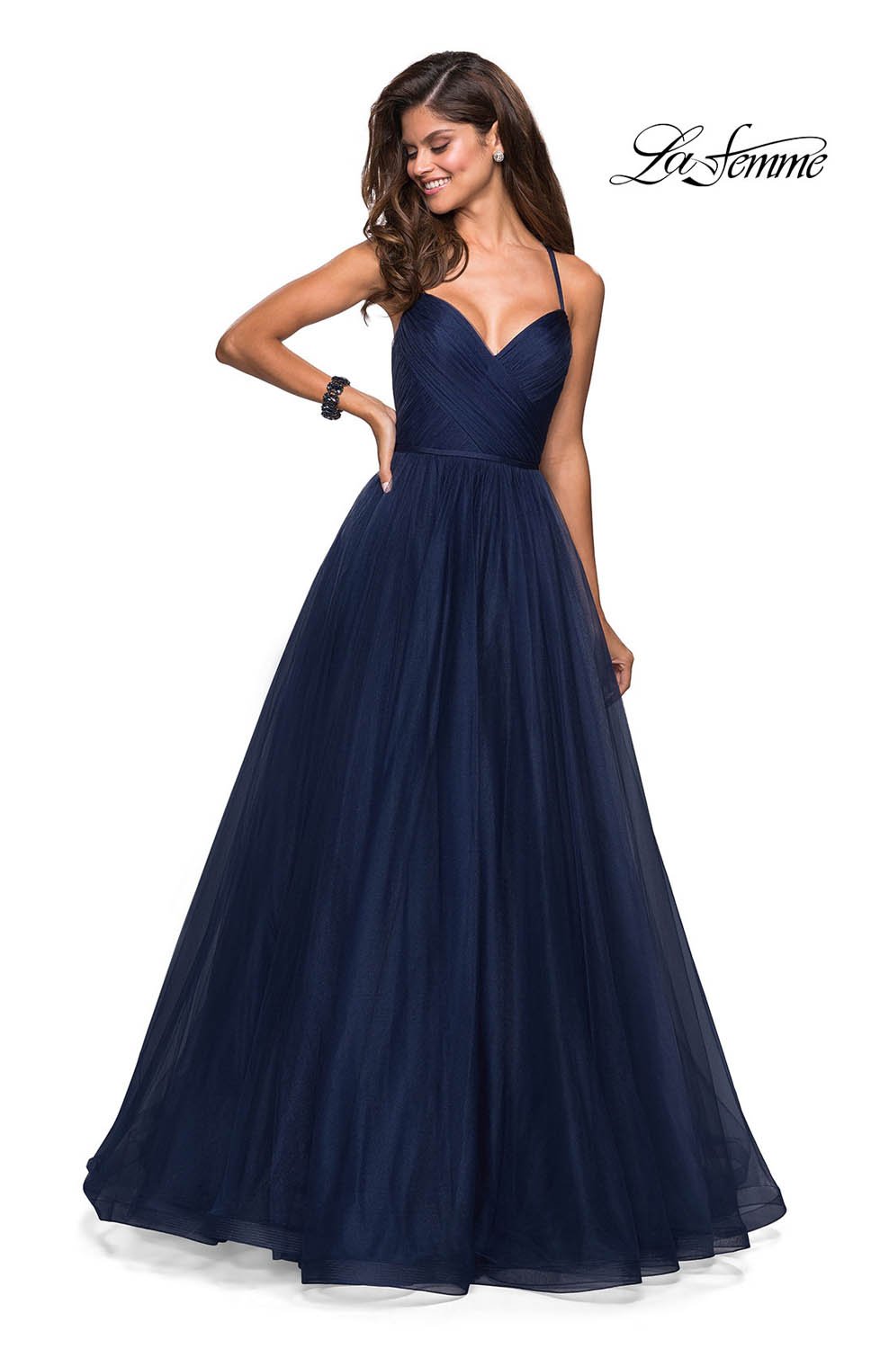 La Femme 27535 prom dress images. La Femme 27535 is available in these colors: Lavender, Mauve, Navy, Platinum.