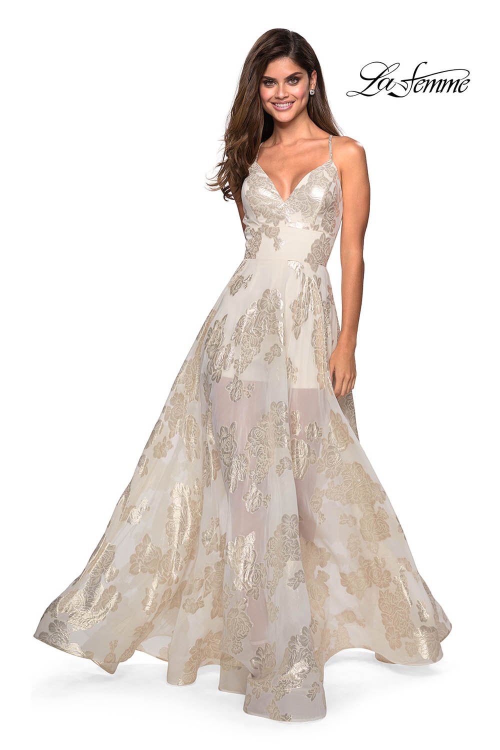 La Femme 27547 prom dress images. La Femme 27547 is available in these colors: Ivory Gold.