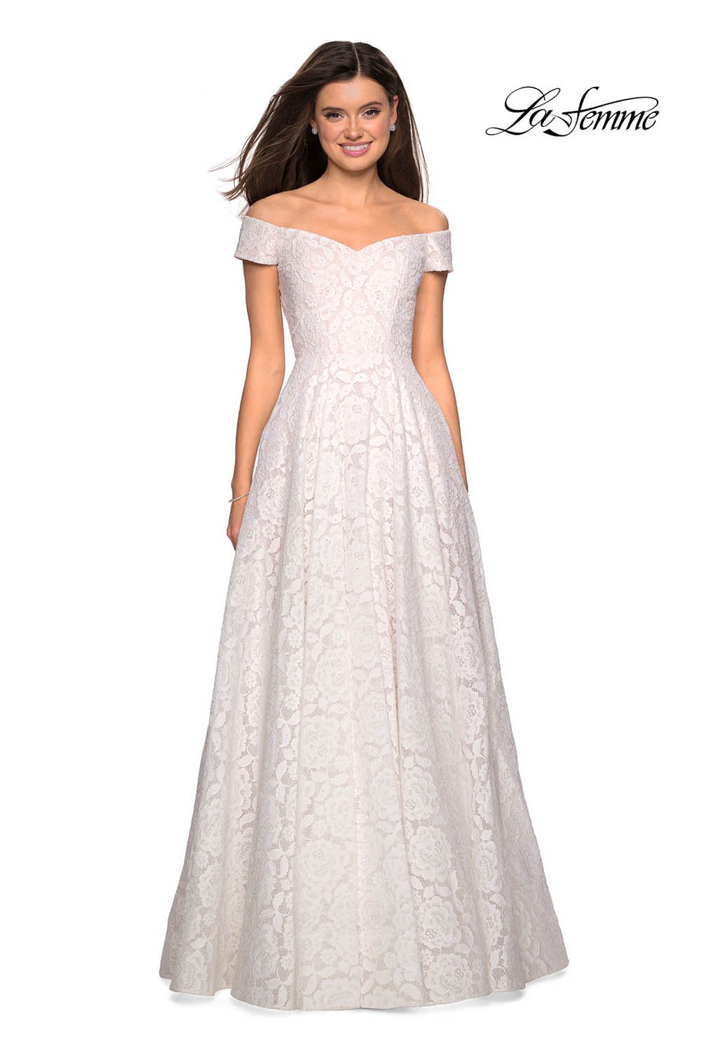 La Femme 27556 prom dress images. La Femme 27556 is available in these colors: Electric Blue, Garnet, Hot Pink, White.