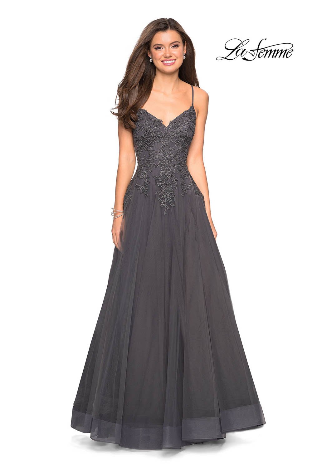 La Femme 27569 prom dress images. La Femme 27569 is available in these colors: Gunmetal, Mauve, Navy.