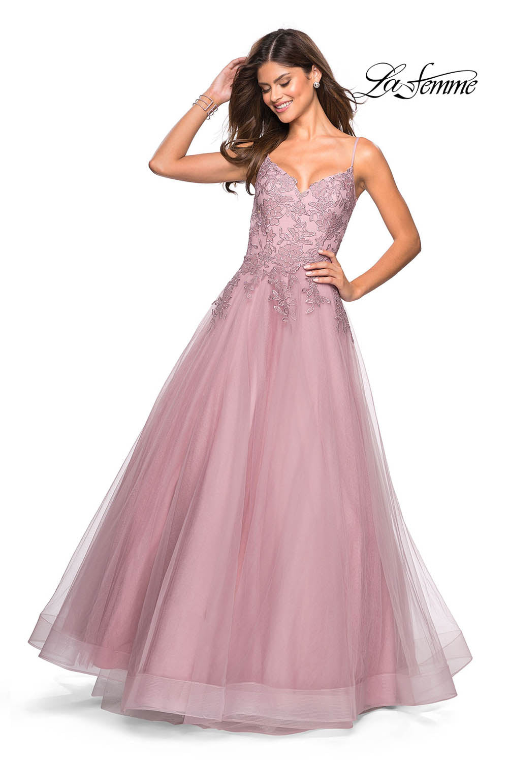 La Femme 27569 prom dress images. La Femme 27569 is available in these colors: Gunmetal, Mauve, Navy.