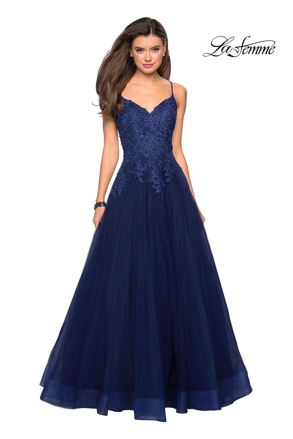 La Femme 27569 prom dress images. La Femme 27569 is available in these colors: Gunmetal, Mauve, Navy.