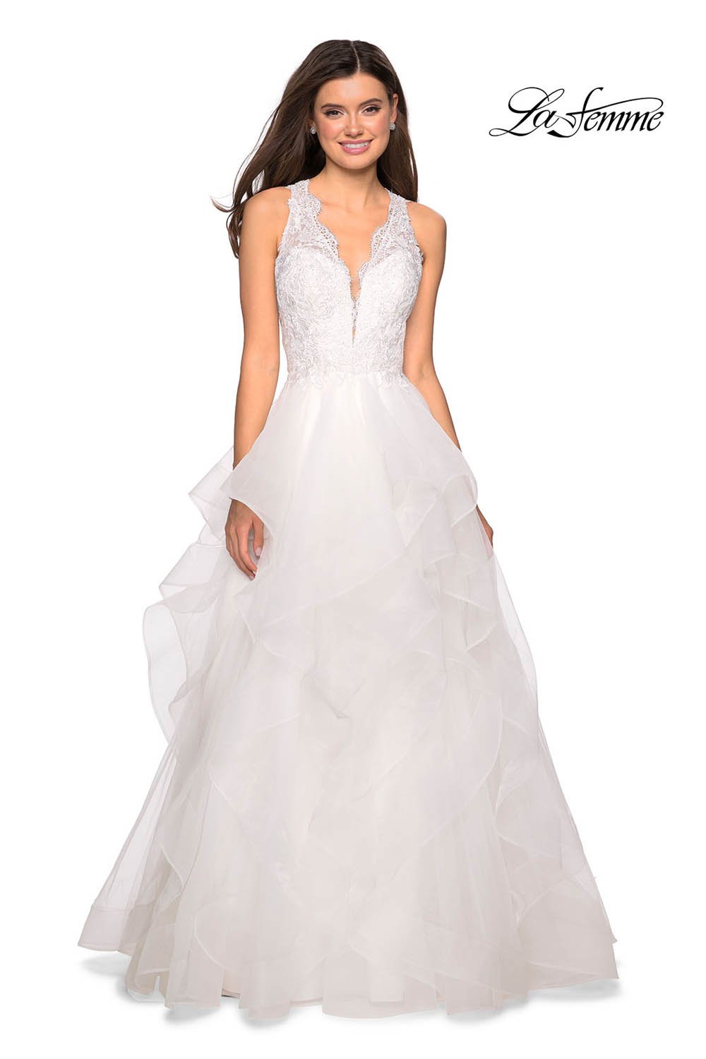 La Femme 27570 prom dress images. La Femme 27570 is available in these colors: Lilac Mist, Mauve, Platinum, White.