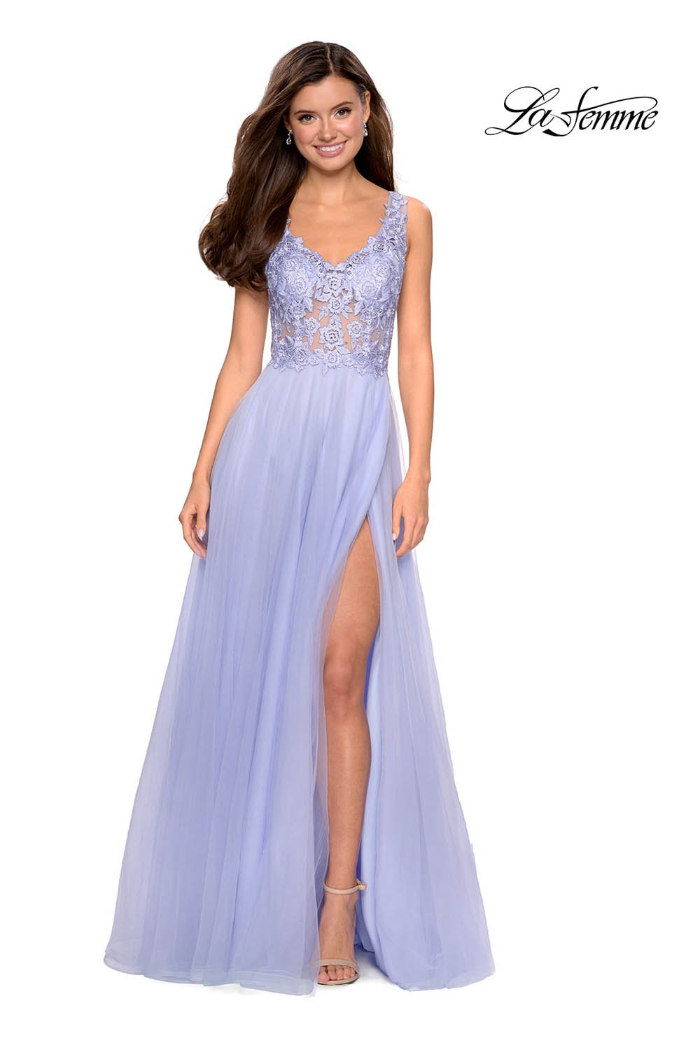 La Femme 27574 prom dress images. La Femme 27574 is available in these colors: Blush, Gunmetal, Lilac Mist.