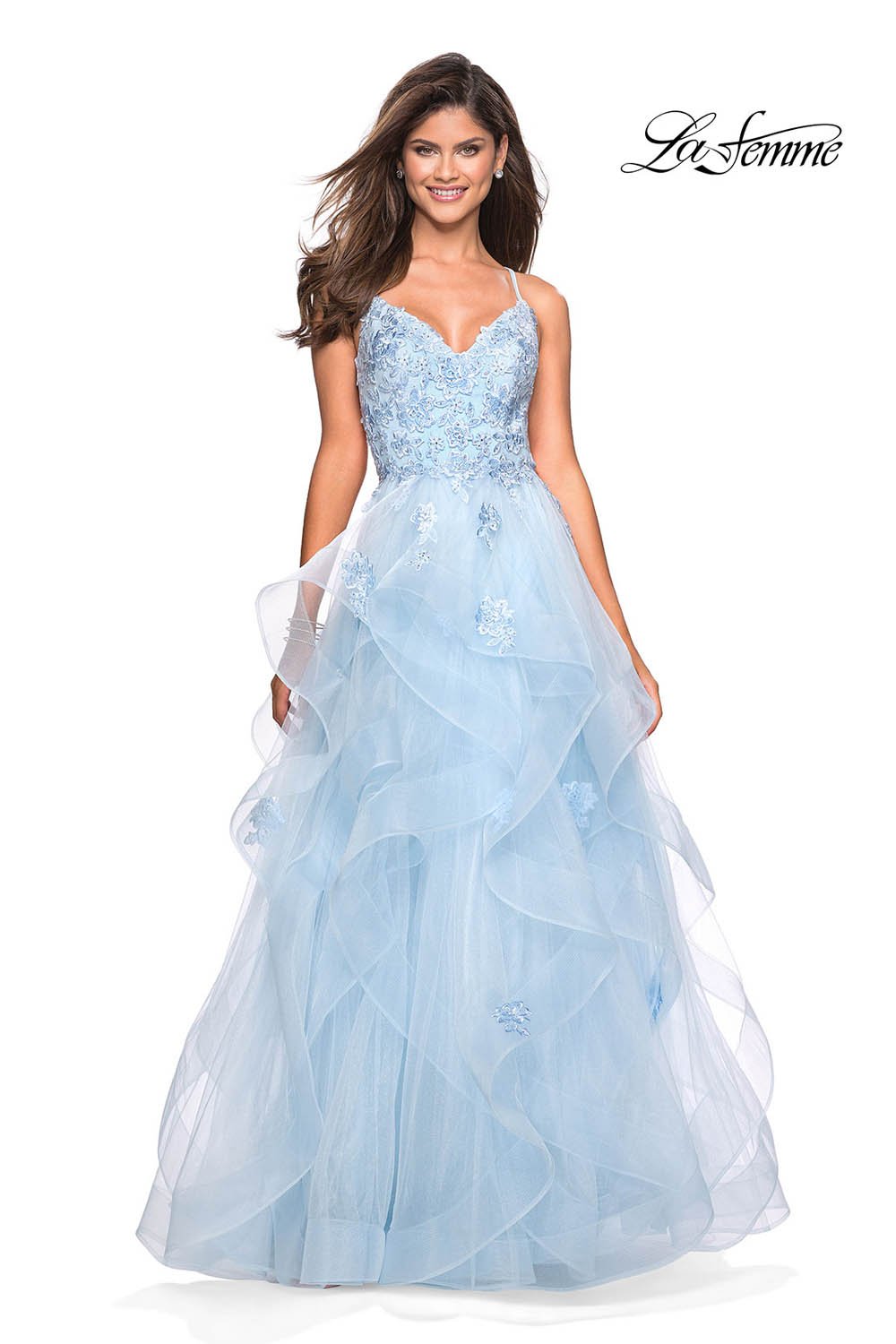La Femme 27579 prom dress images. La Femme 27579 is available in these colors: Dusty Mauve, Powder Blue, Silver.