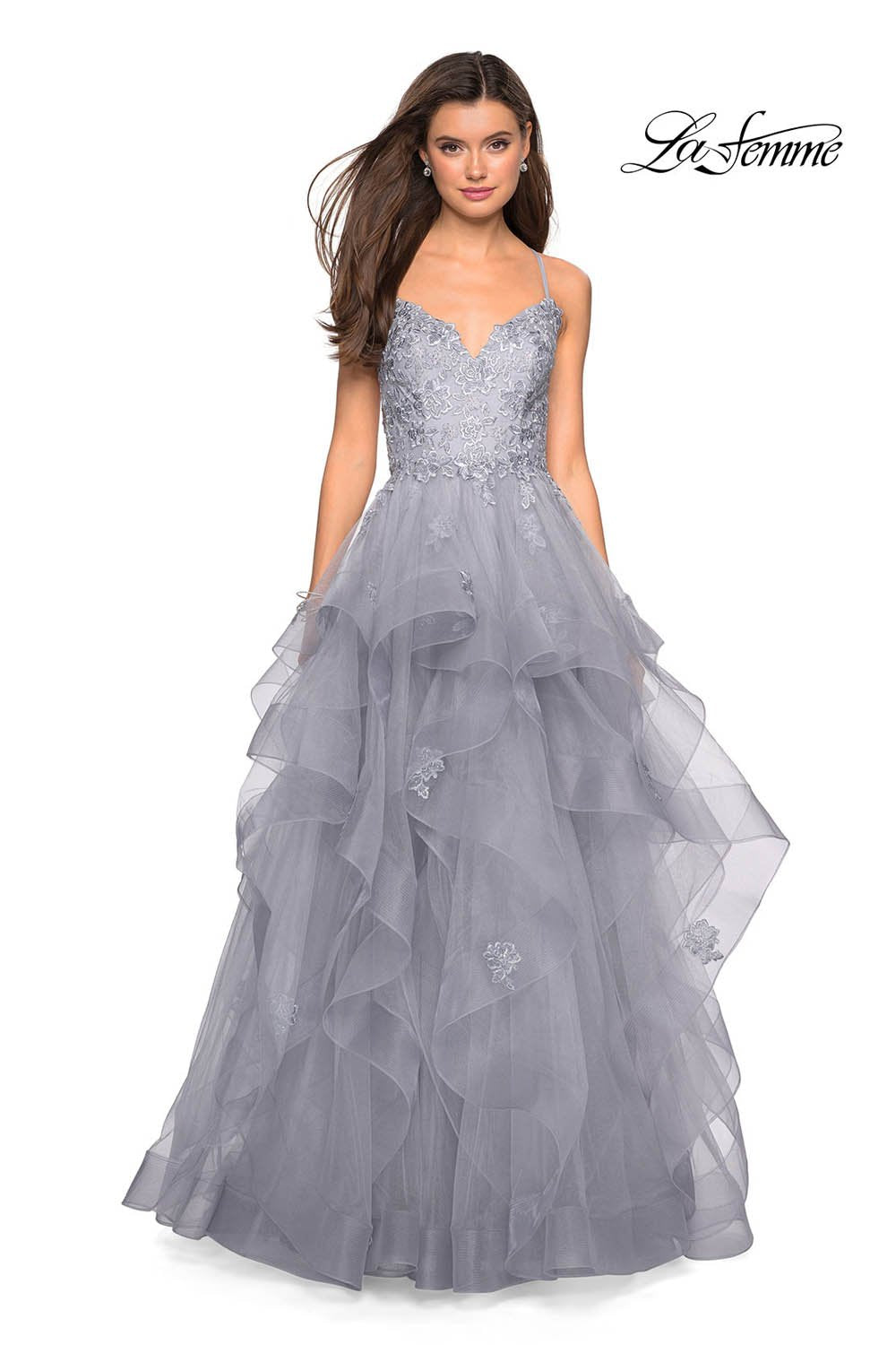 La Femme 27579 prom dress images. La Femme 27579 is available in these colors: Dusty Mauve, Powder Blue, Silver.
