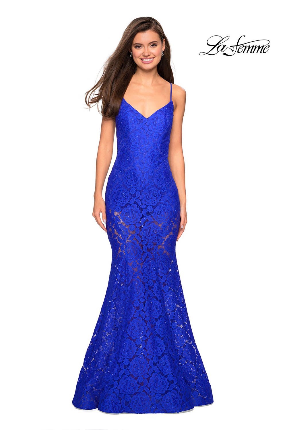 La Femme 27584 prom dress images. La Femme 27584 is available in these colors: Black, Electric Blue, Hot Pink, Ivory, Wine.