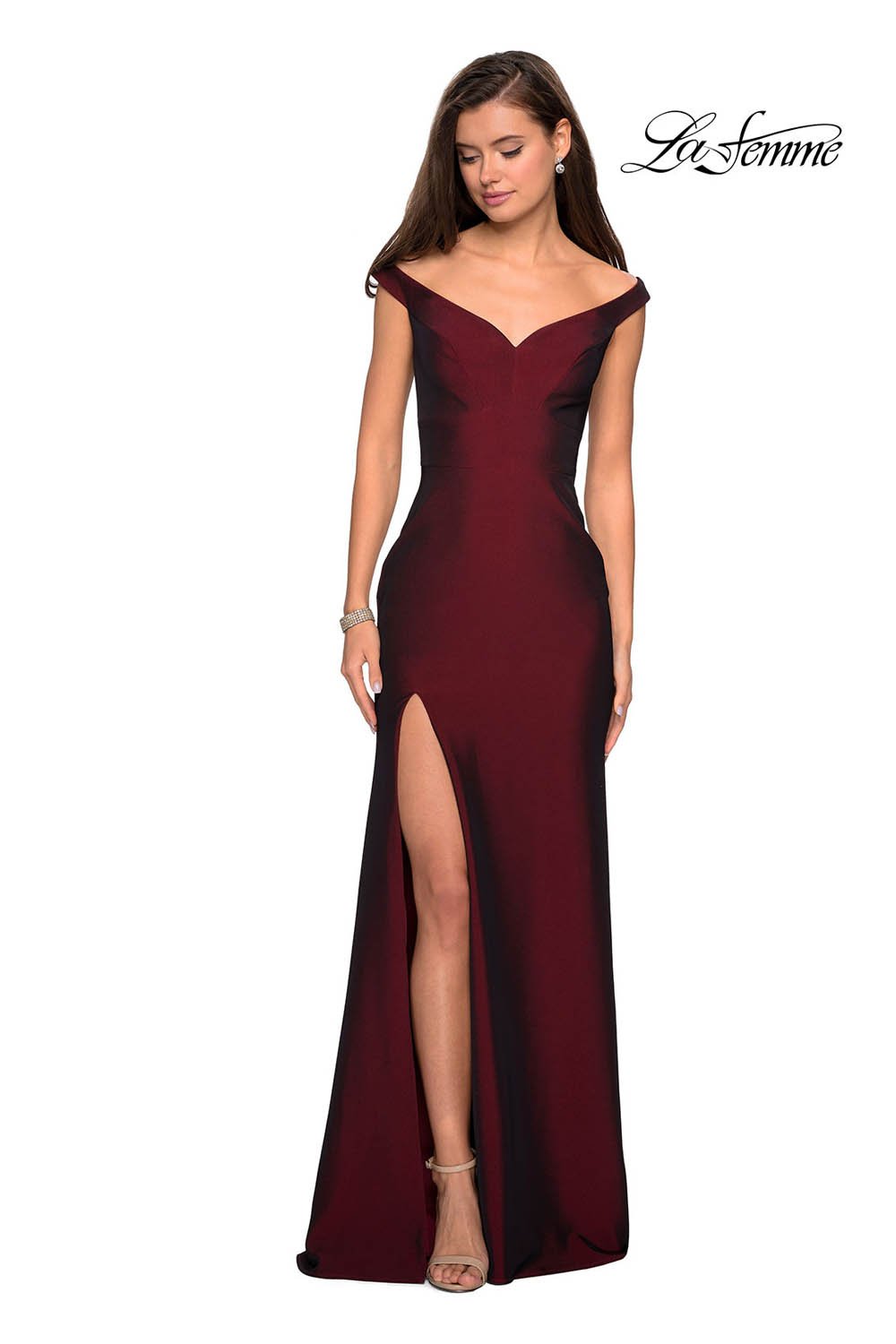 La Femme 27587 prom dress images. La Femme 27587 is available in these colors: Burgundy, Gunmetal, Navy, Violet.