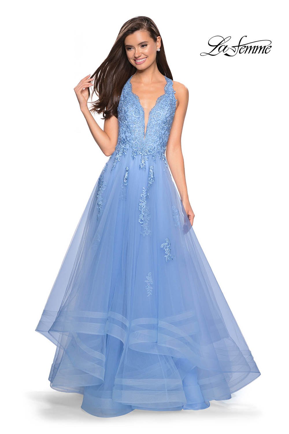 La Femme 27603 prom dress images. La Femme 27603 is available in these colors: Cloud Blue, Lilac Mist, White.